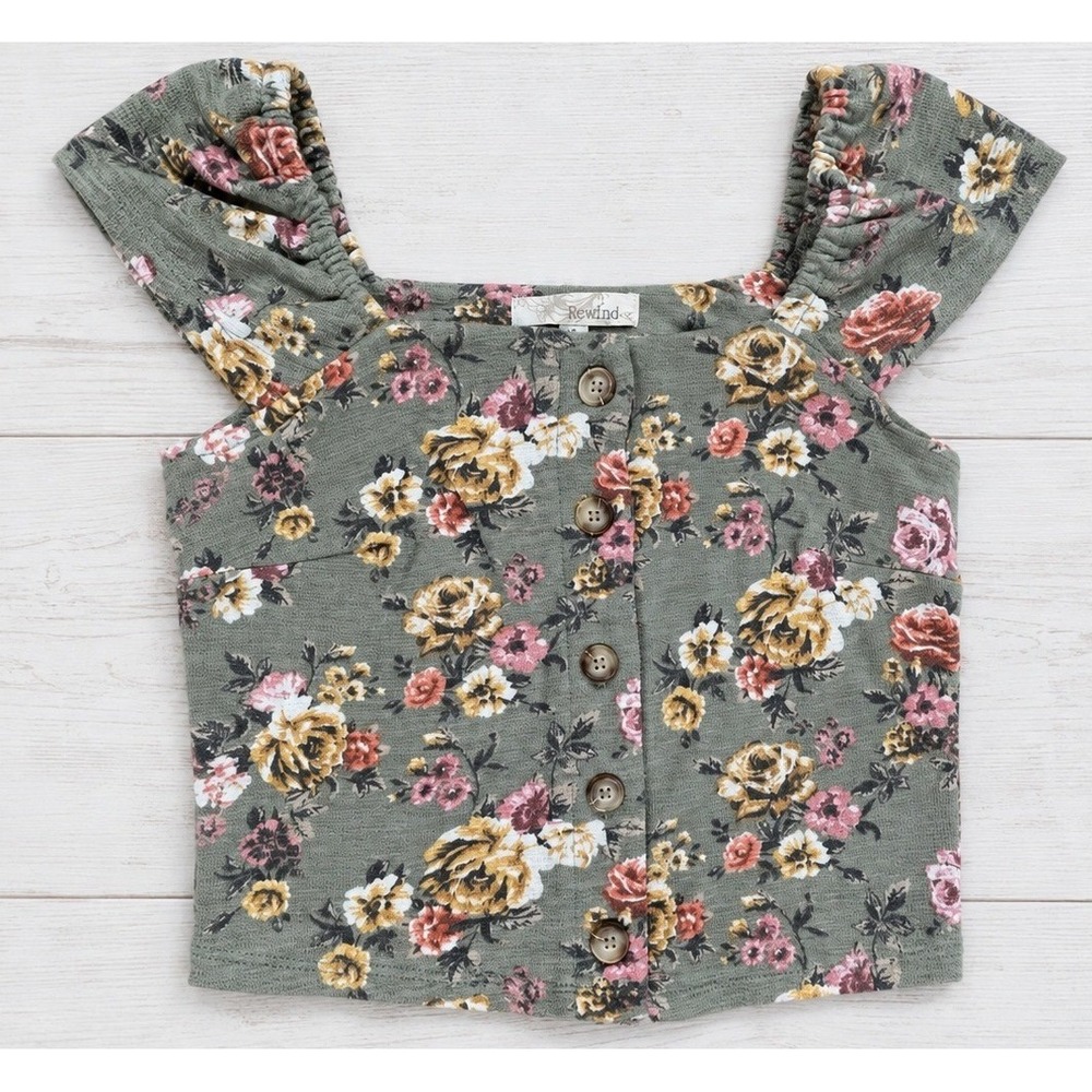 Rewind Sage Green Floral Button Front Cap Sleeve Crop  Cottagecore Boho Small